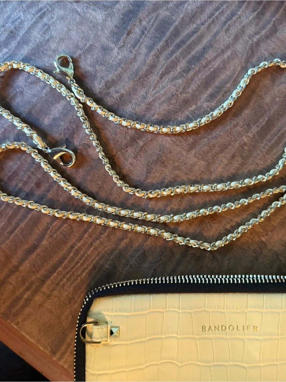 Bandolier Cream Croc-Embossed Leather Wristlet with Chain Detail